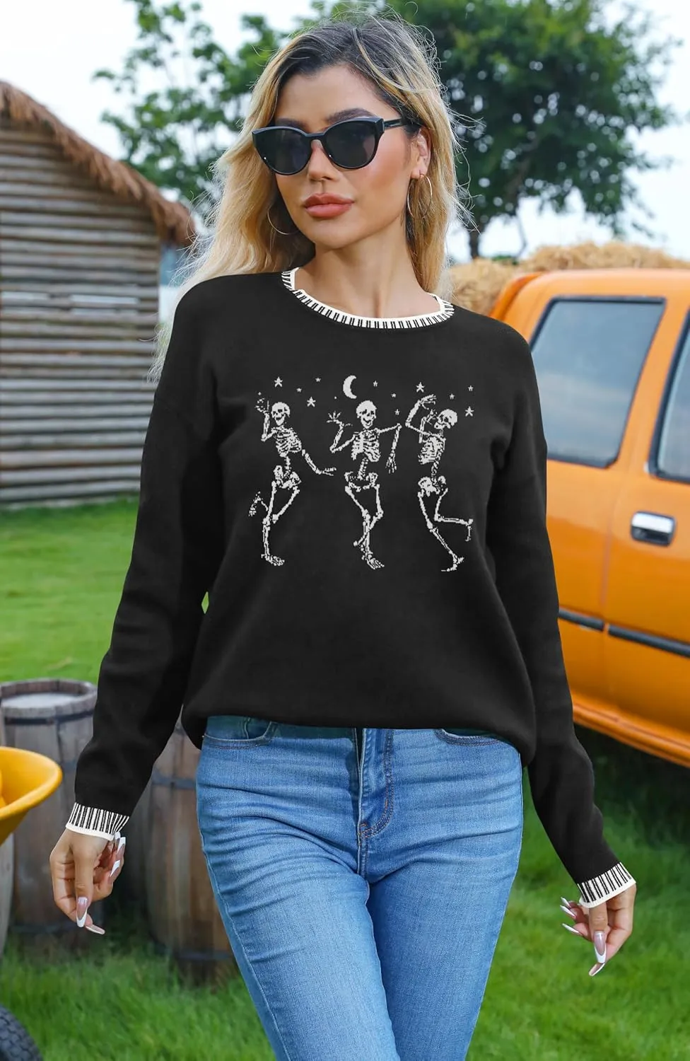 Halloween Skull Sweaters for Women: Skeleton Funny Gothic Graphic Long Sleeve Shirts Fall Pullover Tops