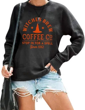 Halloween Sweatshirts for Women Witches Brew Sweatshirt Funny Spooky Season Sweatshirt Ghost Fall Sweater Pullover Tops