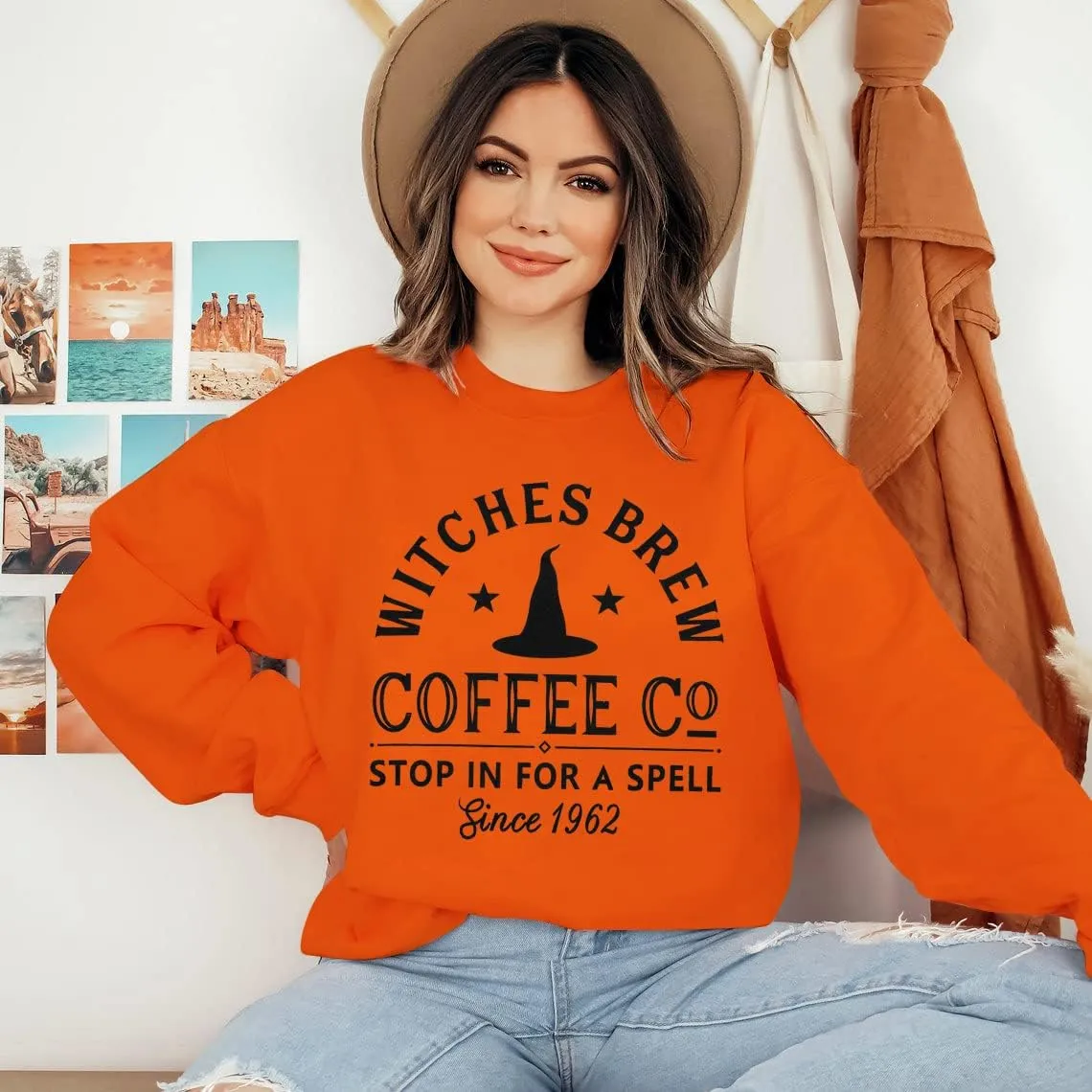Halloween Sweatshirts for Women Witches Brew Sweatshirt Funny Spooky Season Sweatshirt Ghost Fall Sweater Pullover Tops