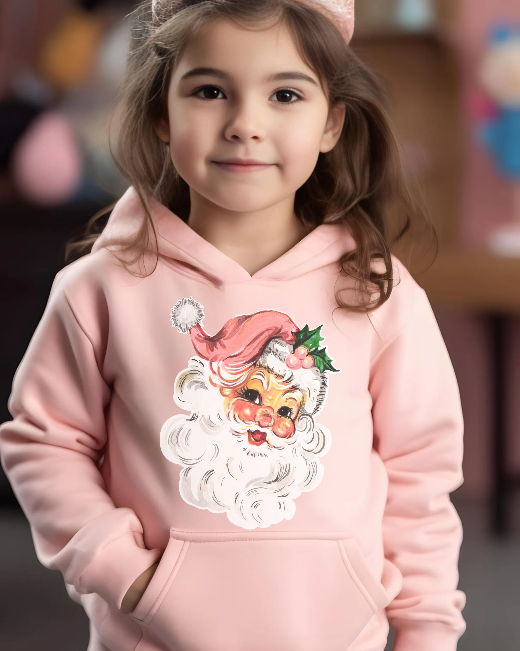 Kids or Youth Christmas Hooded Sweatshirt, Retro Pink Santa Clause Hoodie, Cozy, Warm Sweatshirt, Cute Pastel Santa on a cute hoodie