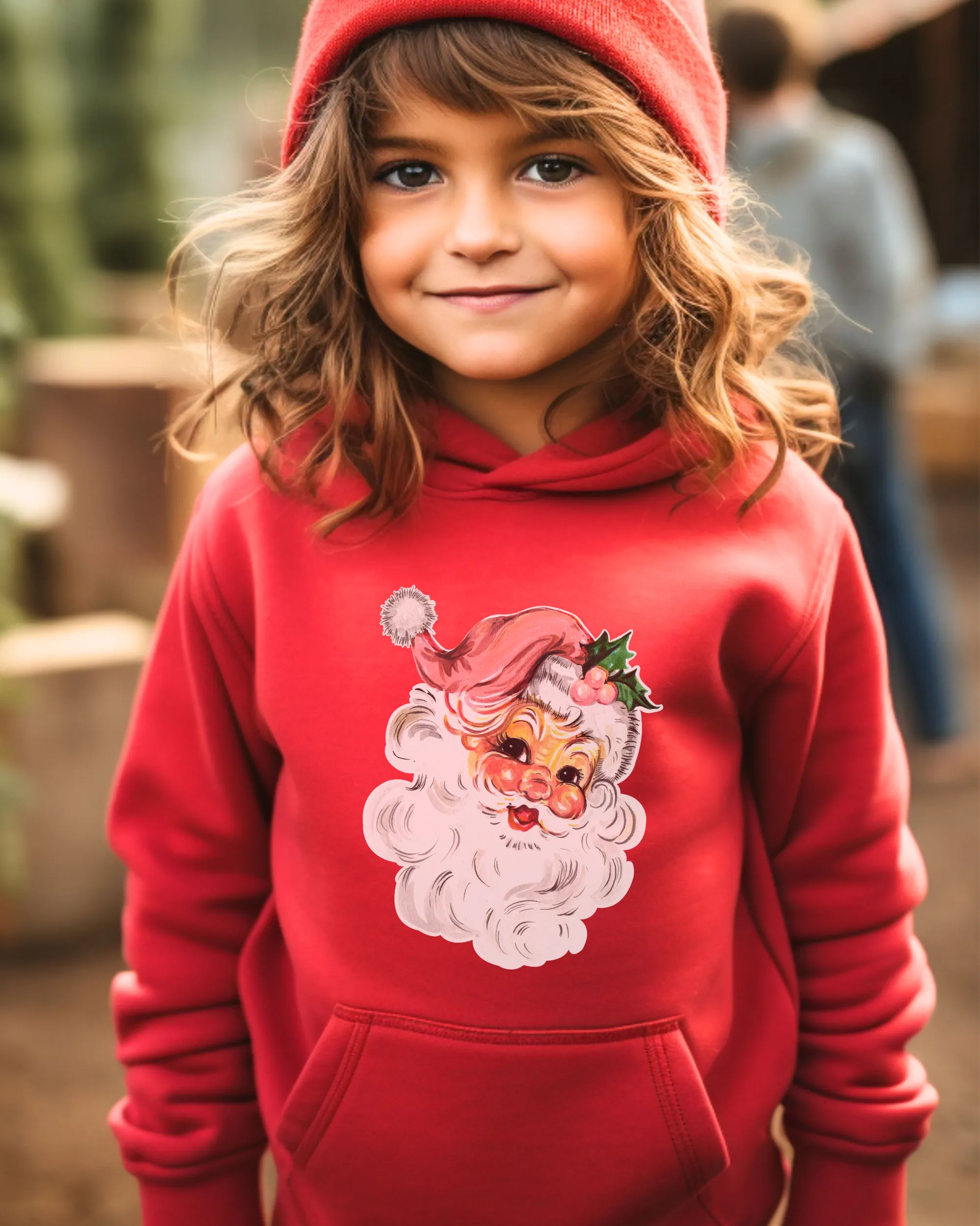 Kids or Youth Christmas Hooded Sweatshirt, Retro Pink Santa Clause Hoodie, Cozy, Warm Sweatshirt, Cute Pastel Santa on a cute hoodie