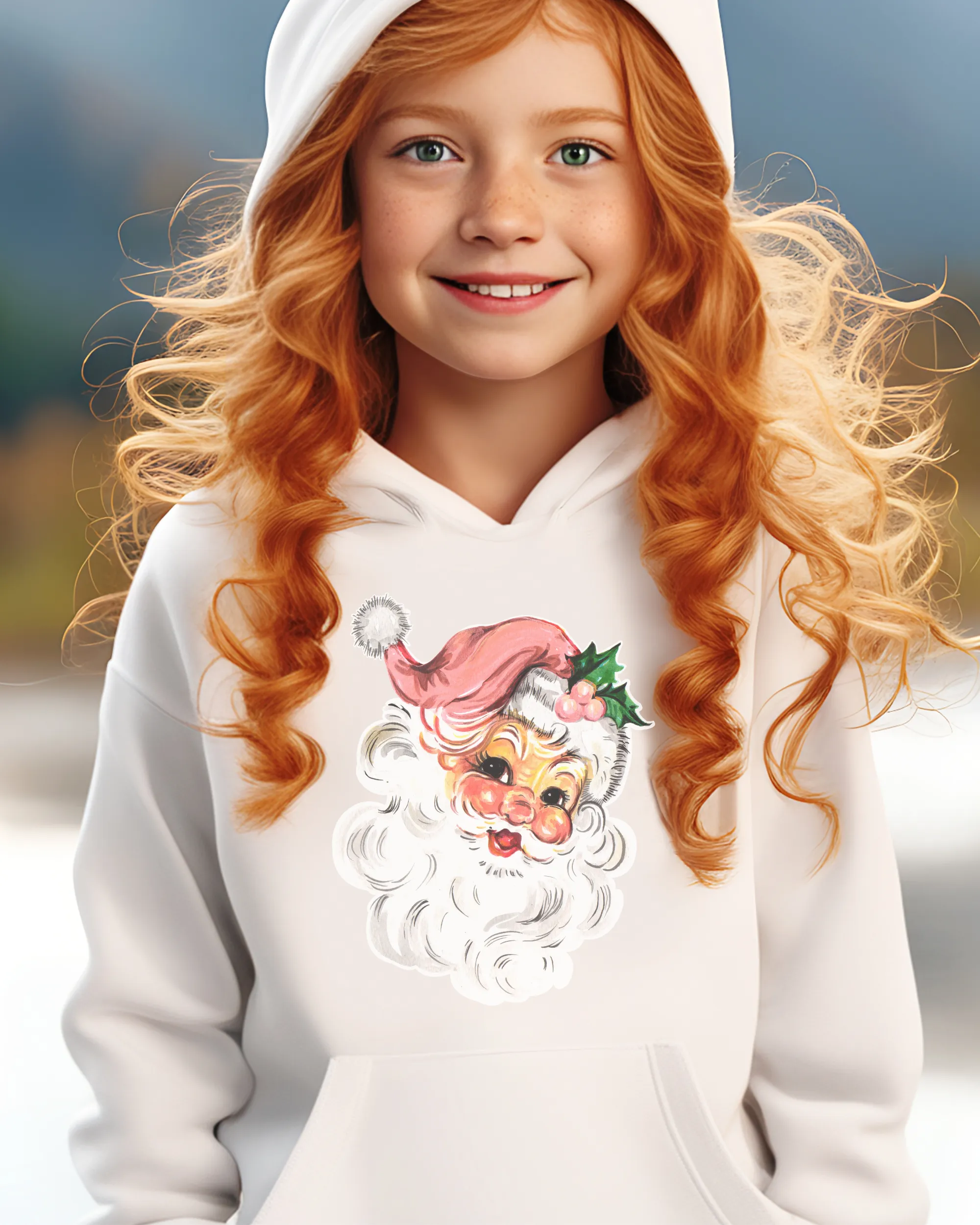 Kids or Youth Christmas Hooded Sweatshirt, Retro Pink Santa Clause Hoodie, Cozy, Warm Sweatshirt, Cute Pastel Santa on a cute hoodie