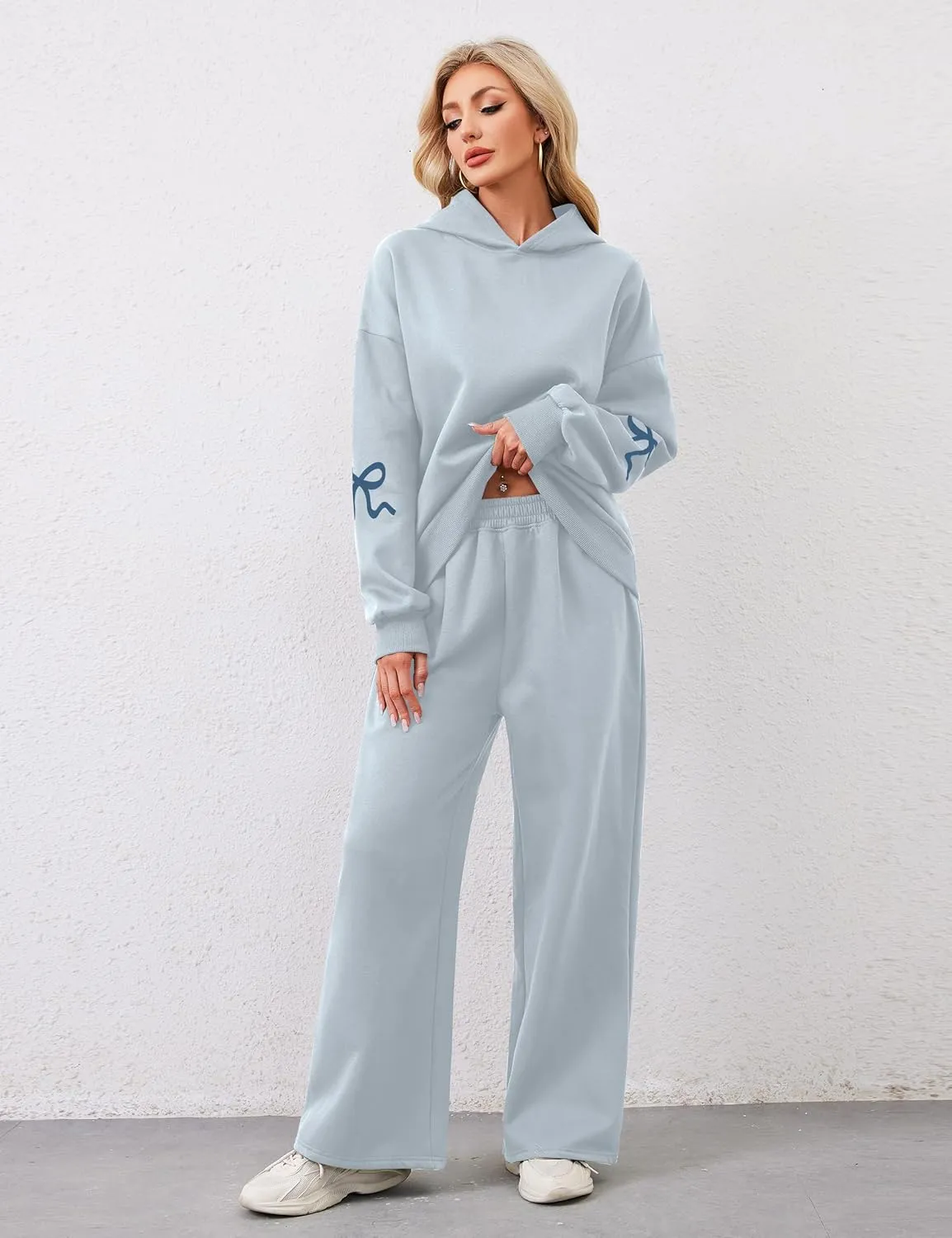 Livtany Women's 2 Piece Outfits Bow Trim Print Hoodie Sweatsuit Sets Oversized Sweatshirt Wide Leg Sweatpants With Pockets