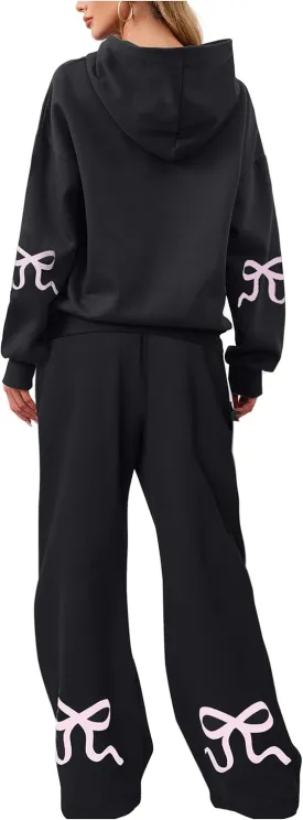Livtany Women's 2 Piece Outfits Bow Trim Print Hoodie Sweatsuit Sets Oversized Sweatshirt Wide Leg Sweatpants With Pockets