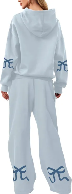 Livtany Women's 2 Piece Outfits Bow Trim Print Hoodie Sweatsuit Sets Oversized Sweatshirt Wide Leg Sweatpants With Pockets