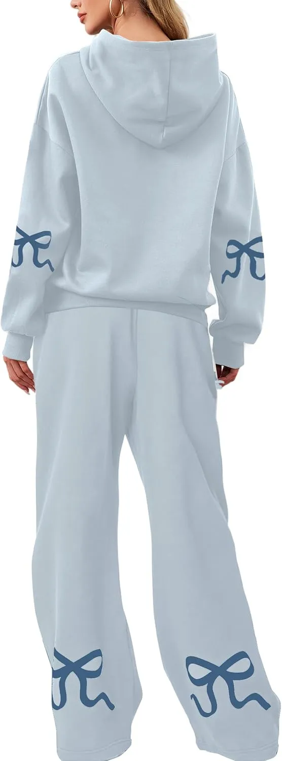 Livtany Women's 2 Piece Outfits Bow Trim Print Hoodie Sweatsuit Sets Oversized Sweatshirt Wide Leg Sweatpants With Pockets