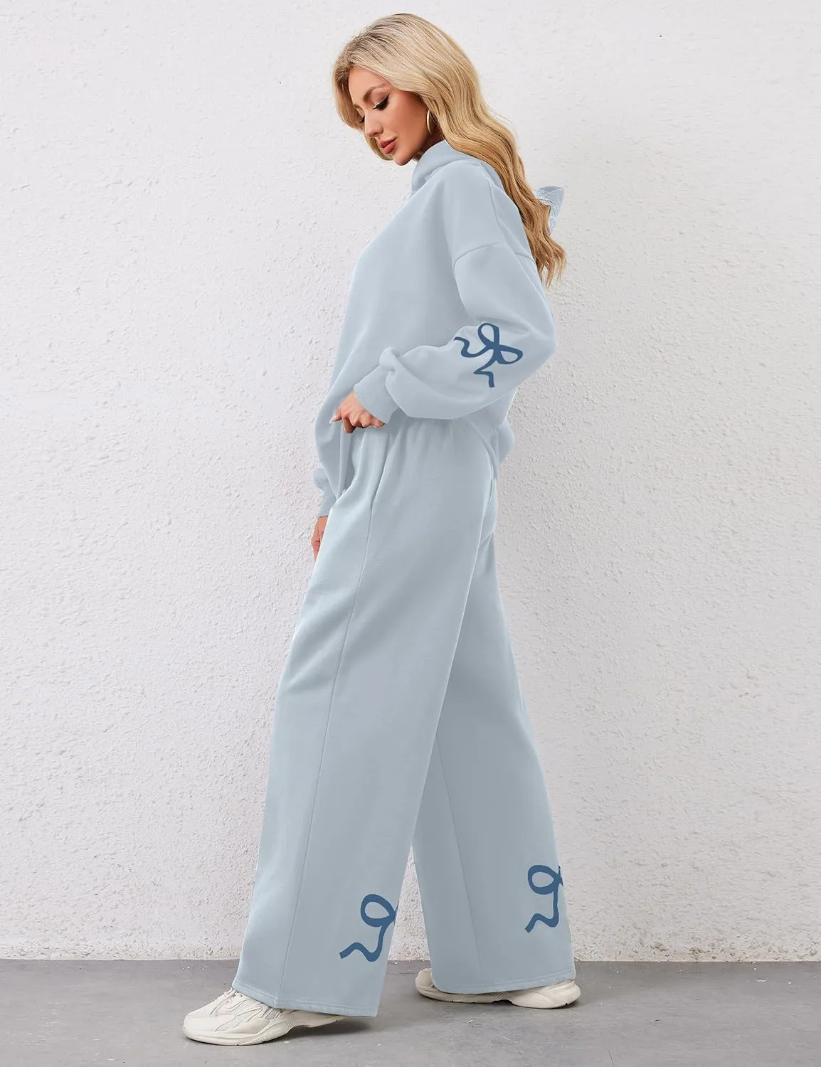 Livtany Women's 2 Piece Outfits Bow Trim Print Hoodie Sweatsuit Sets Oversized Sweatshirt Wide Leg Sweatpants With Pockets