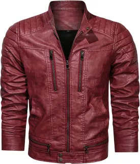 Maiyifu-GJ Men Stand Collar Faux Leather Jacket Vintage Motorcycle Zip Up Bomber Jacket Pu Leather Fleece Lined Outwear Coat