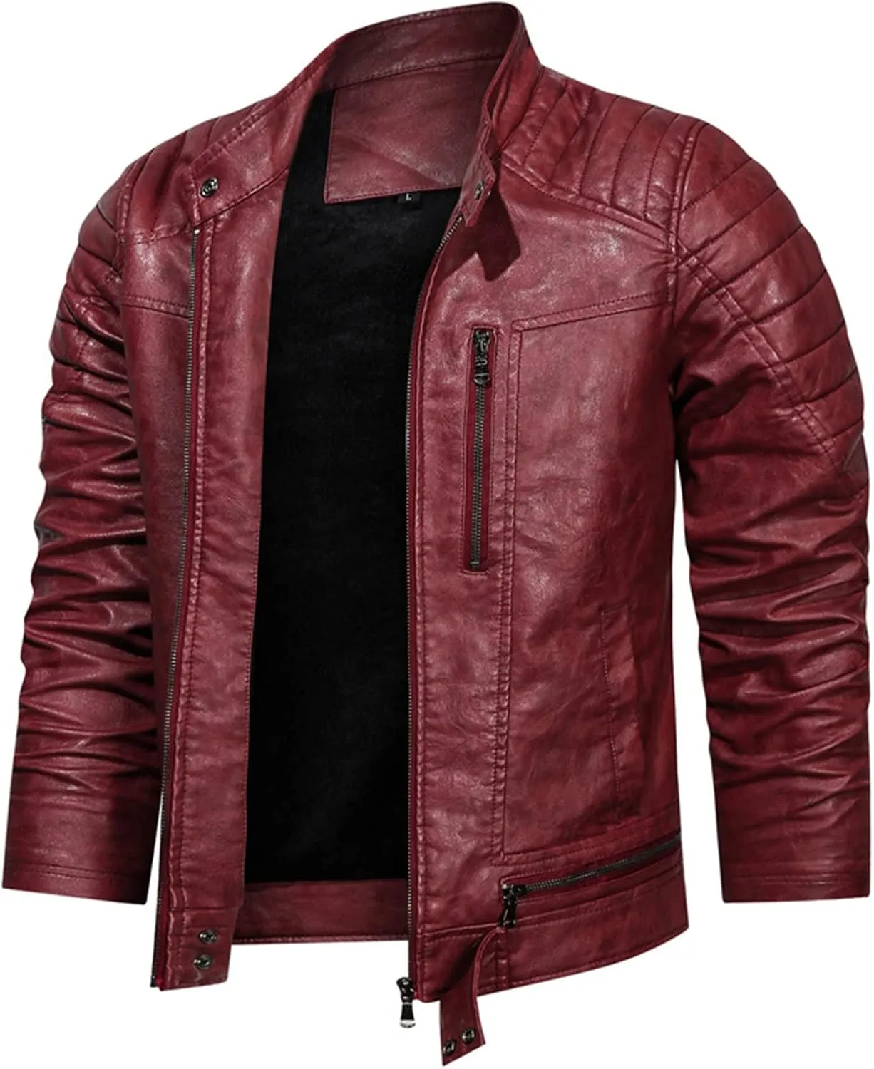 Maiyifu-GJ Men Stand Collar Faux Leather Jacket Vintage Motorcycle Zip Up Bomber Jacket Pu Leather Fleece Lined Outwear Coat