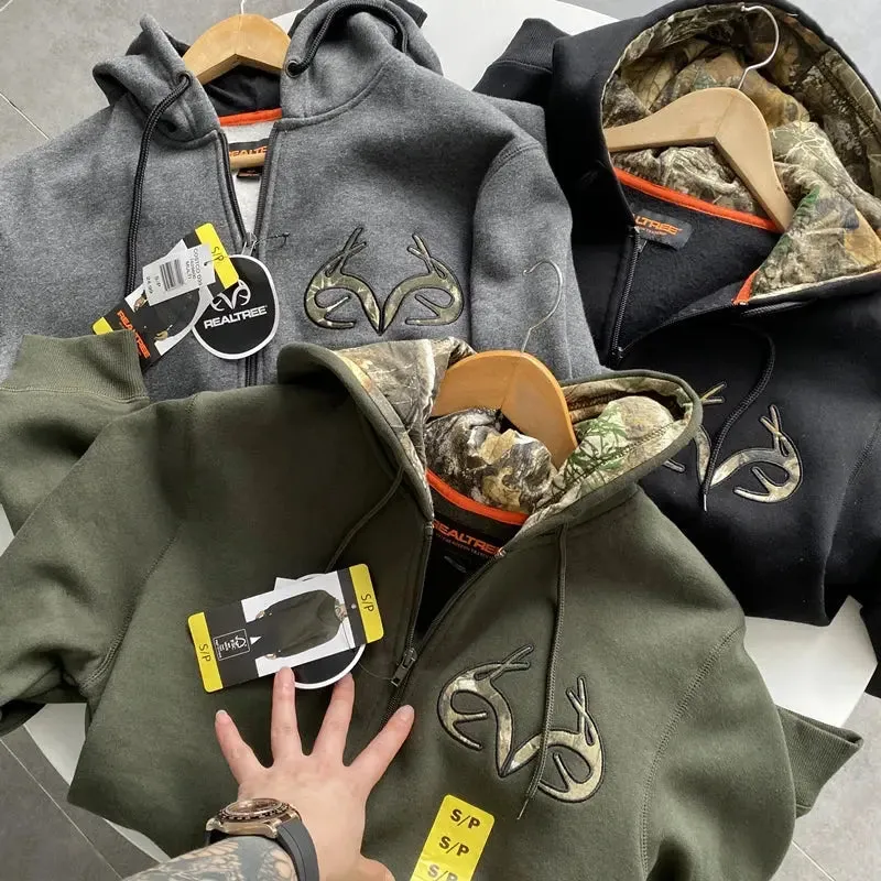 Men Hunting Sweater Camouflage Men Full-Zip Hooded Fleece Sweatshirt Hunting Jackets Hunting Sweatershirt Breathable Quick Dry