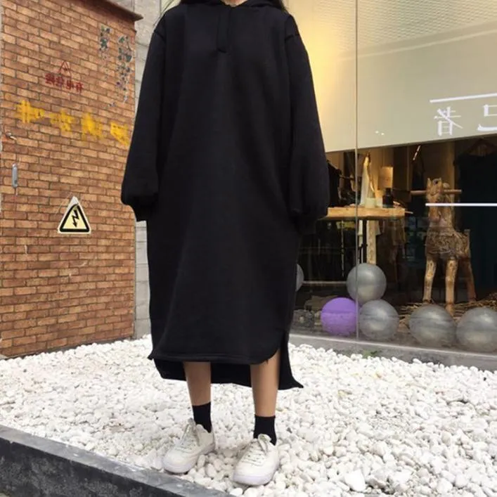 Oversized Beige Black Long Hooded Sweatshirt