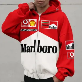 Oversized Hoodie Racing Graphic Print Color Contrast  Zip-Up Hooded Sweatshirt