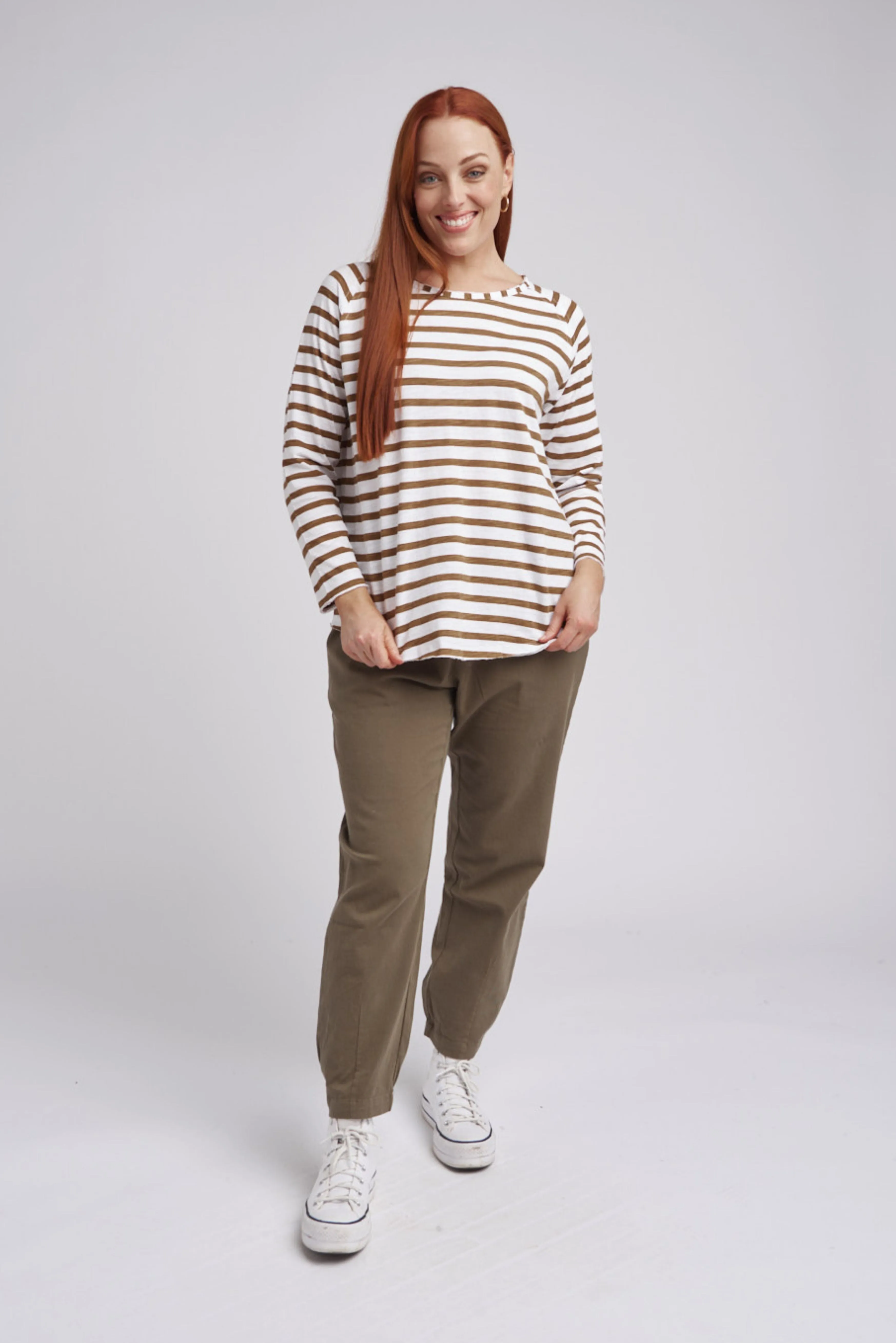 Raglan Cotton Stripe Tee Wood/White