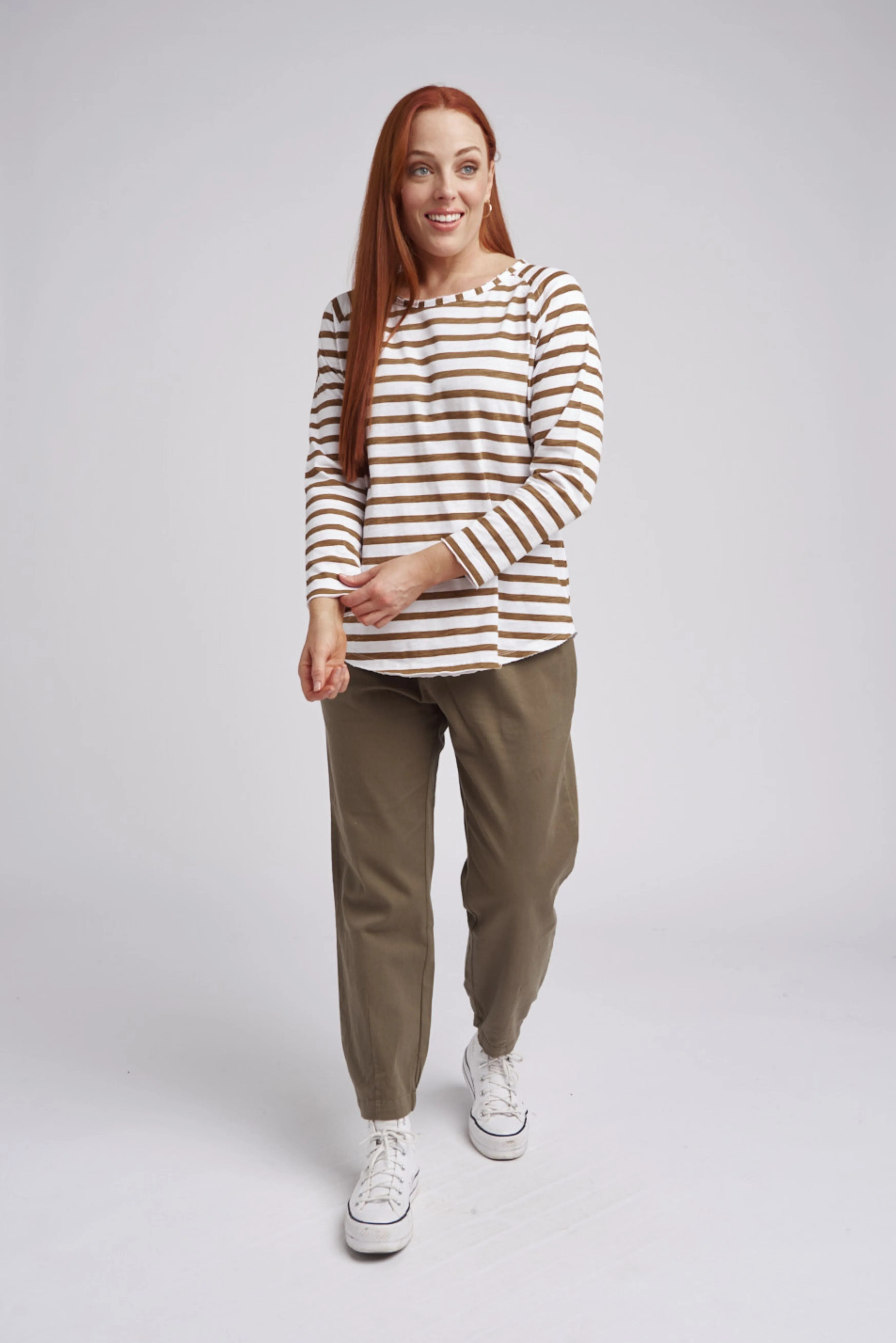 Raglan Cotton Stripe Tee Wood/White