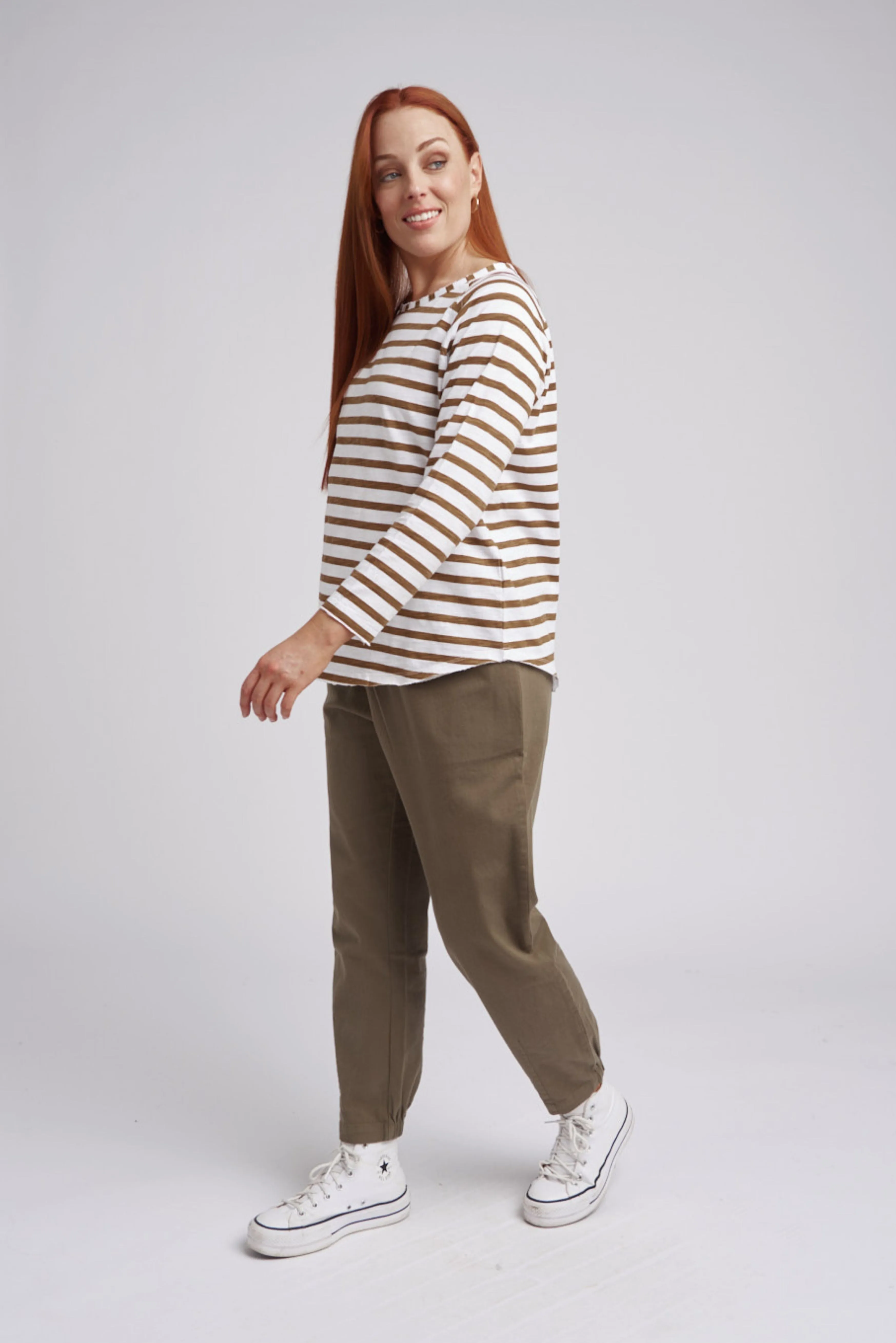Raglan Cotton Stripe Tee Wood/White