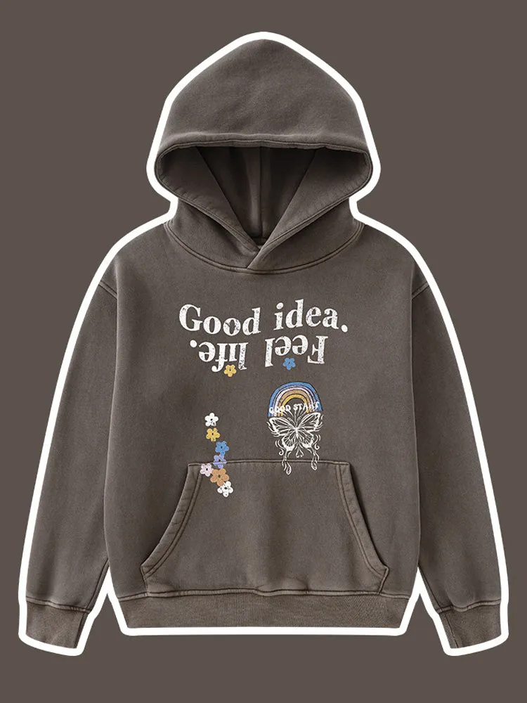 Retro Washed Letter Cartoon Print Kids Hoodies