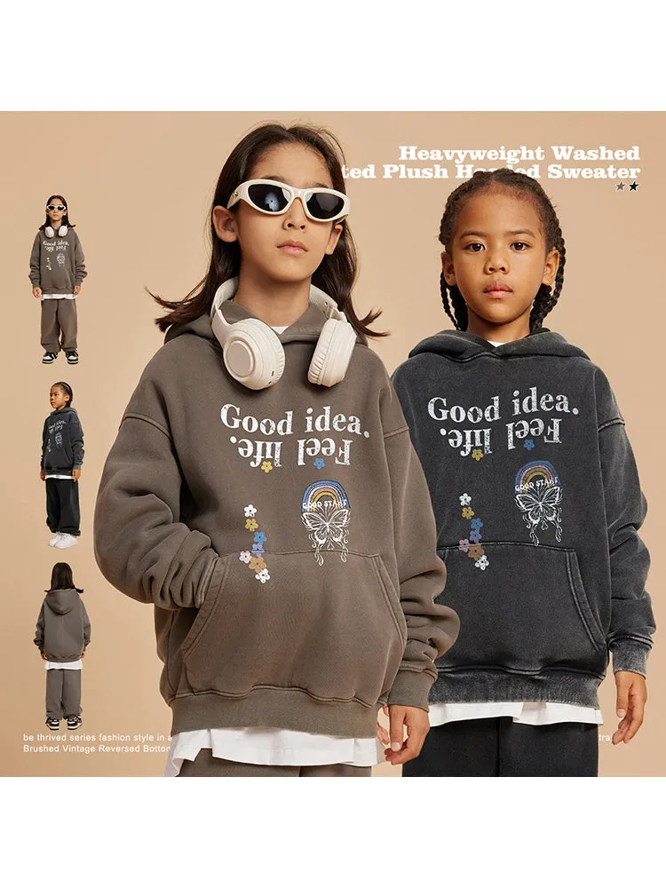 Retro Washed Letter Cartoon Print Kids Hoodies