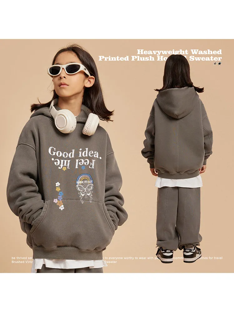 Retro Washed Letter Cartoon Print Kids Hoodies