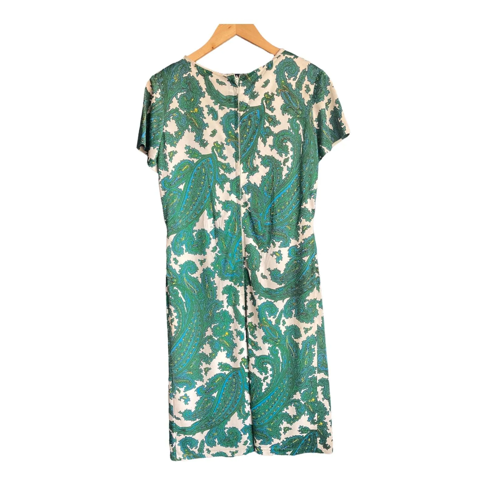 Russell Stuart Cream And Green Paisley Patterned Short Sleeved Dress UK Size 14