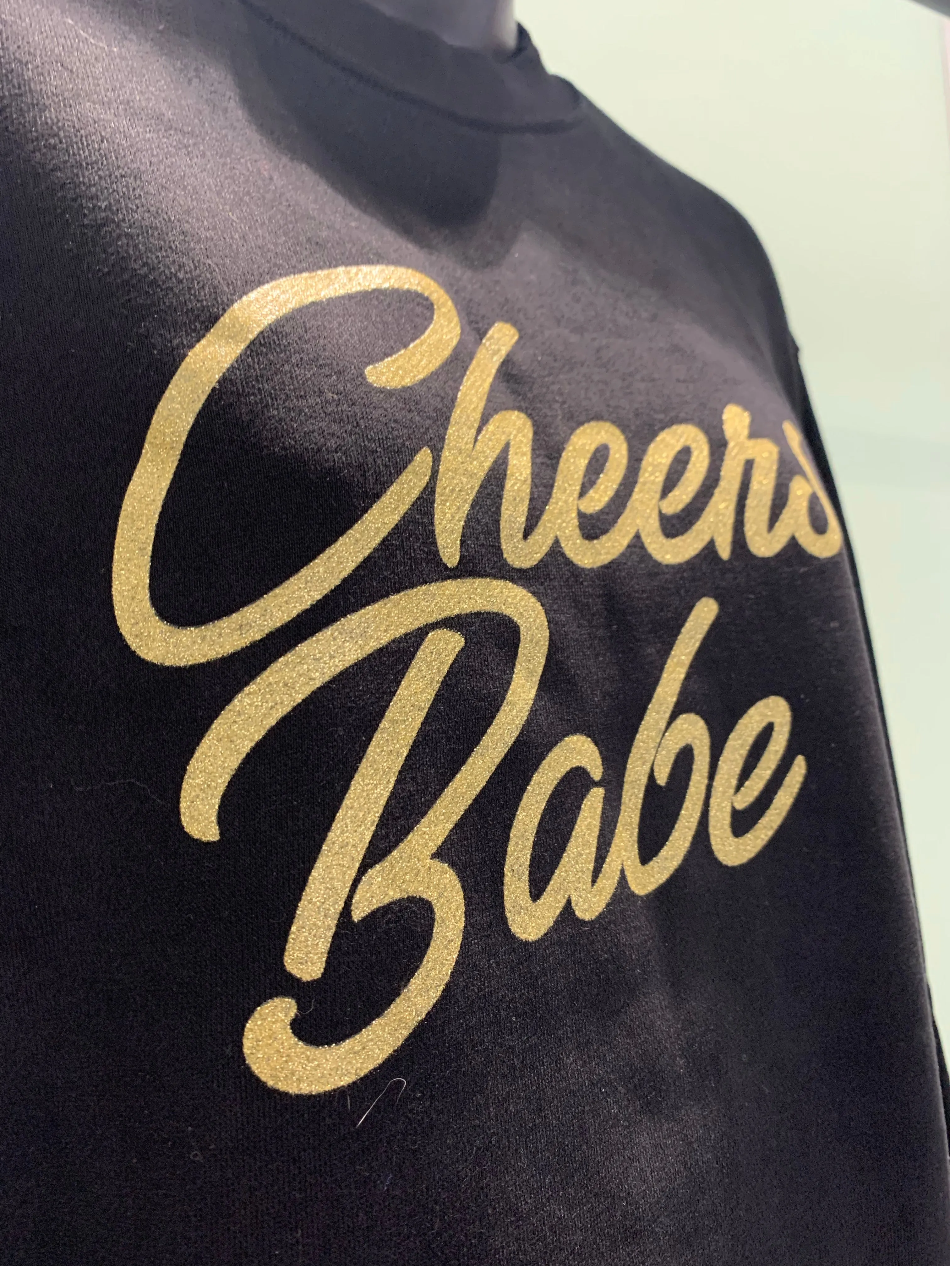 Sweatshirt - "Cheers Babe" - Black & Gold Glitter