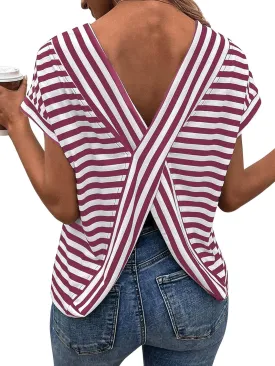 SweatyRocks Women's V-Cut Criss Cross Back Short Sleeve Tee Shirts Casual Summer Crew Neck Backless Tops