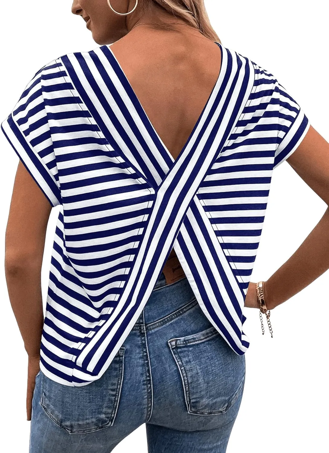 SweatyRocks Women's V-Cut Criss Cross Back Short Sleeve Tee Shirts Casual Summer Crew Neck Backless Tops