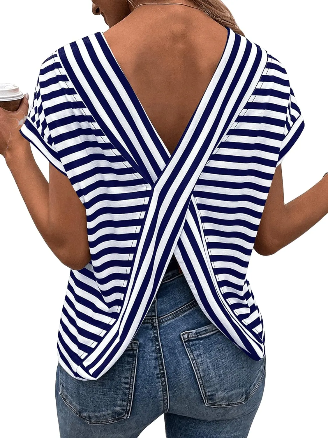 SweatyRocks Women's V-Cut Criss Cross Back Short Sleeve Tee Shirts Casual Summer Crew Neck Backless Tops