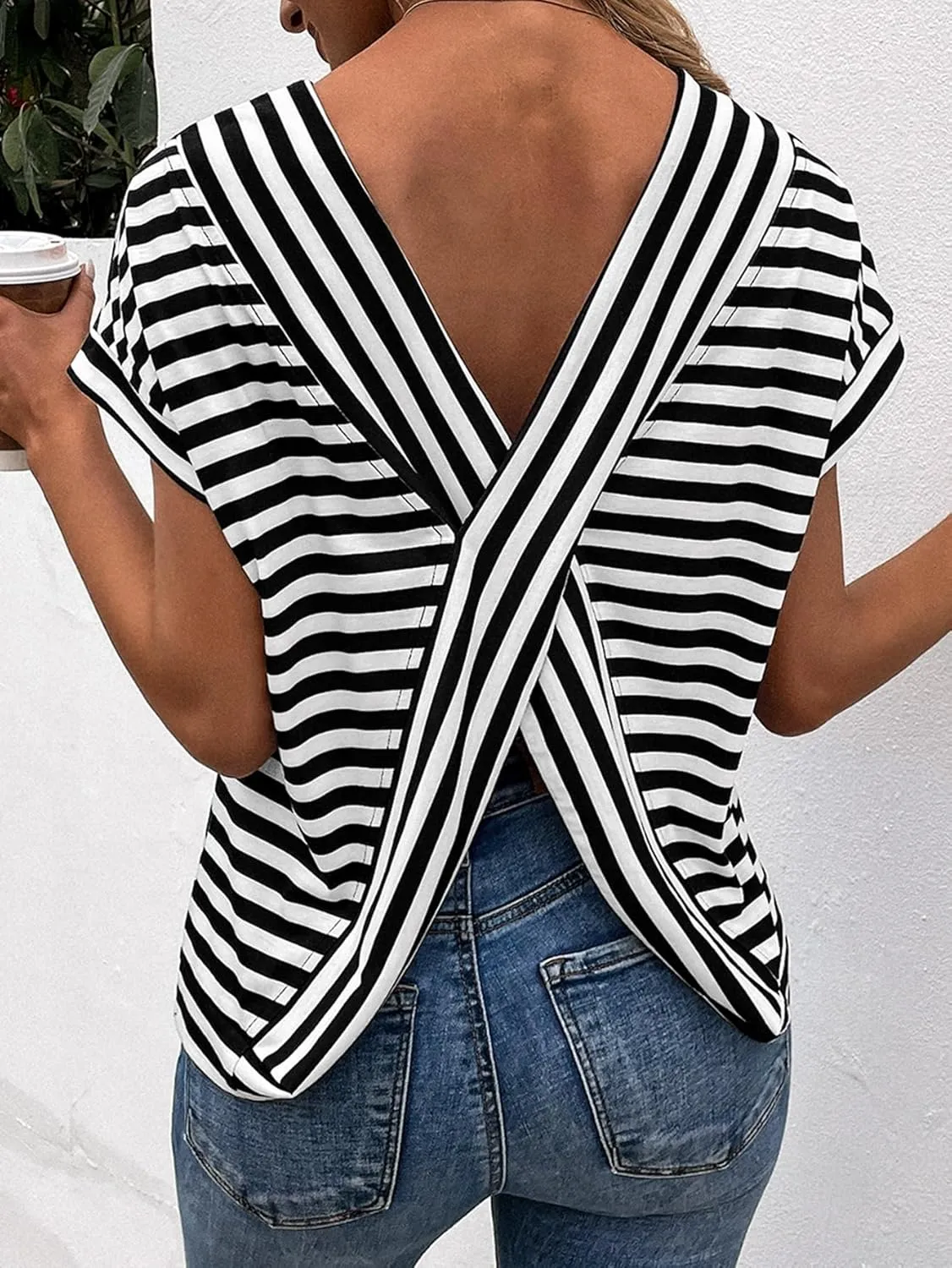 SweatyRocks Women's V-Cut Criss Cross Back Short Sleeve Tee Shirts Casual Summer Crew Neck Backless Tops