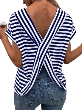 SweatyRocks Women's V-Cut Criss Cross Back Short Sleeve Tee Shirts Casual Summer Crew Neck Backless Tops
