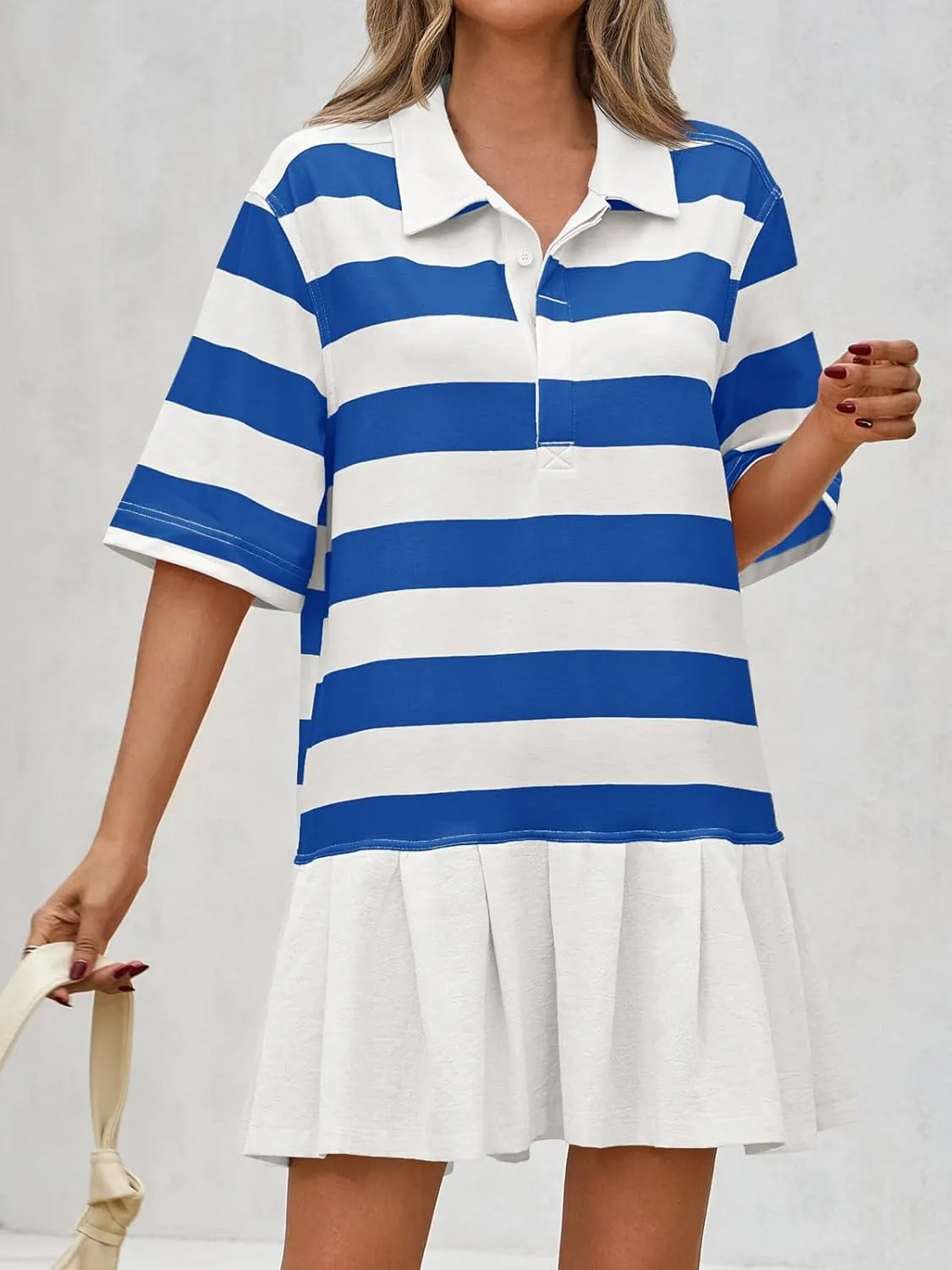 Wenrine Womens Summer Striped Mini Polo V Neck Patchwork Sweatshirt Dress Short Sleeve Loose T Shirt Dresses