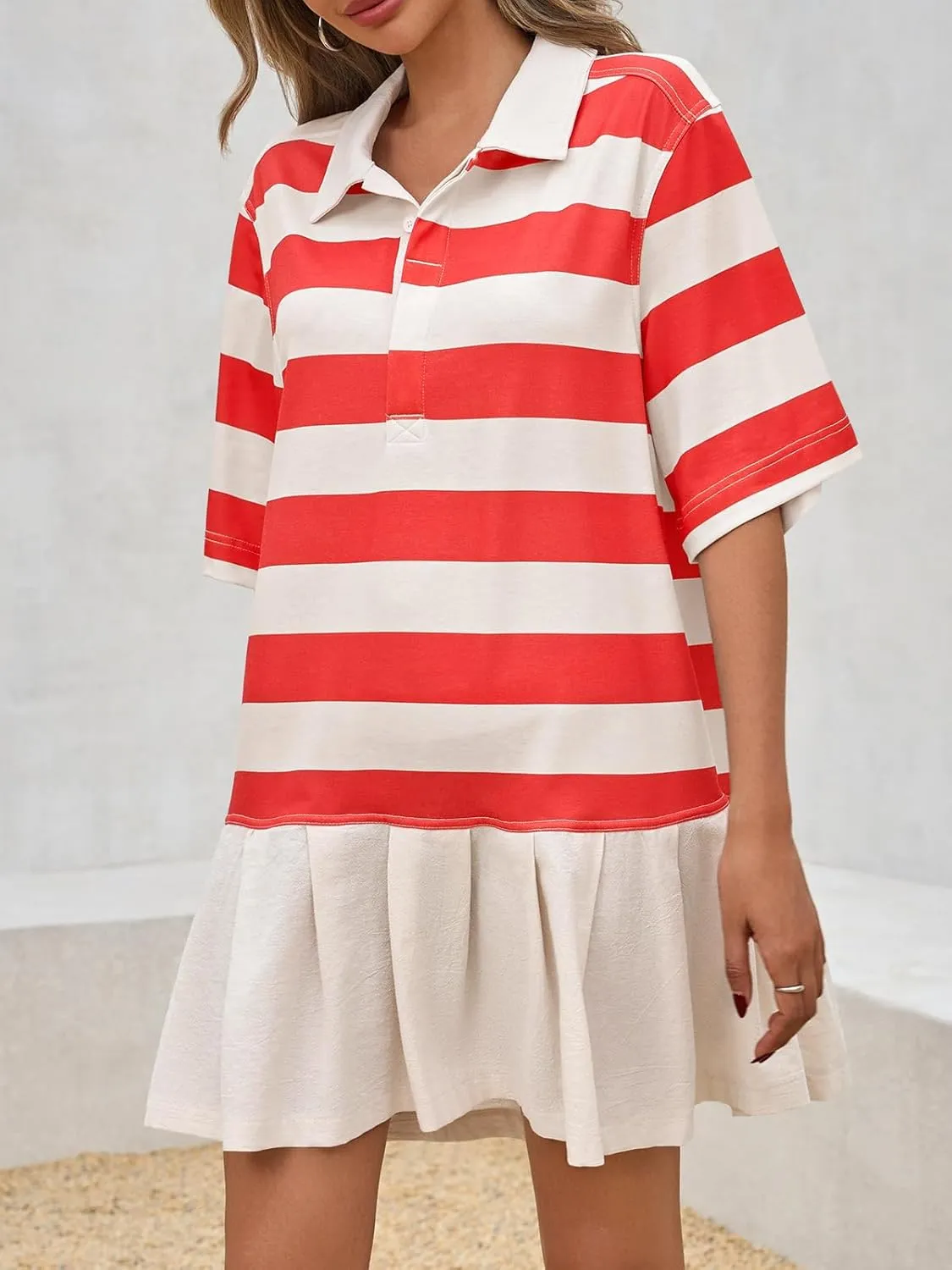 Wenrine Womens Summer Striped Mini Polo V Neck Patchwork Sweatshirt Dress Short Sleeve Loose T Shirt Dresses