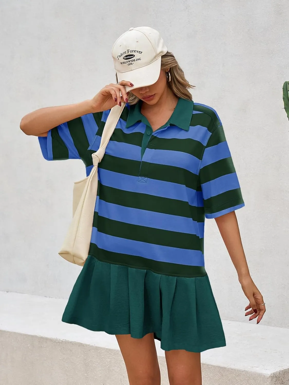 Wenrine Womens Summer Striped Mini Polo V Neck Patchwork Sweatshirt Dress Short Sleeve Loose T Shirt Dresses