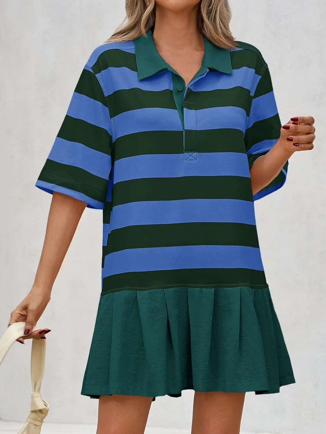 Wenrine Womens Summer Striped Mini Polo V Neck Patchwork Sweatshirt Dress Short Sleeve Loose T Shirt Dresses