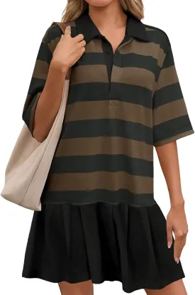 Wenrine Womens Summer Striped Mini Polo V Neck Patchwork Sweatshirt Dress Short Sleeve Loose T Shirt Dresses