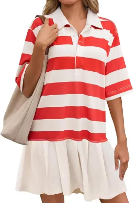Wenrine Womens Summer Striped Mini Polo V Neck Patchwork Sweatshirt Dress Short Sleeve Loose T Shirt Dresses