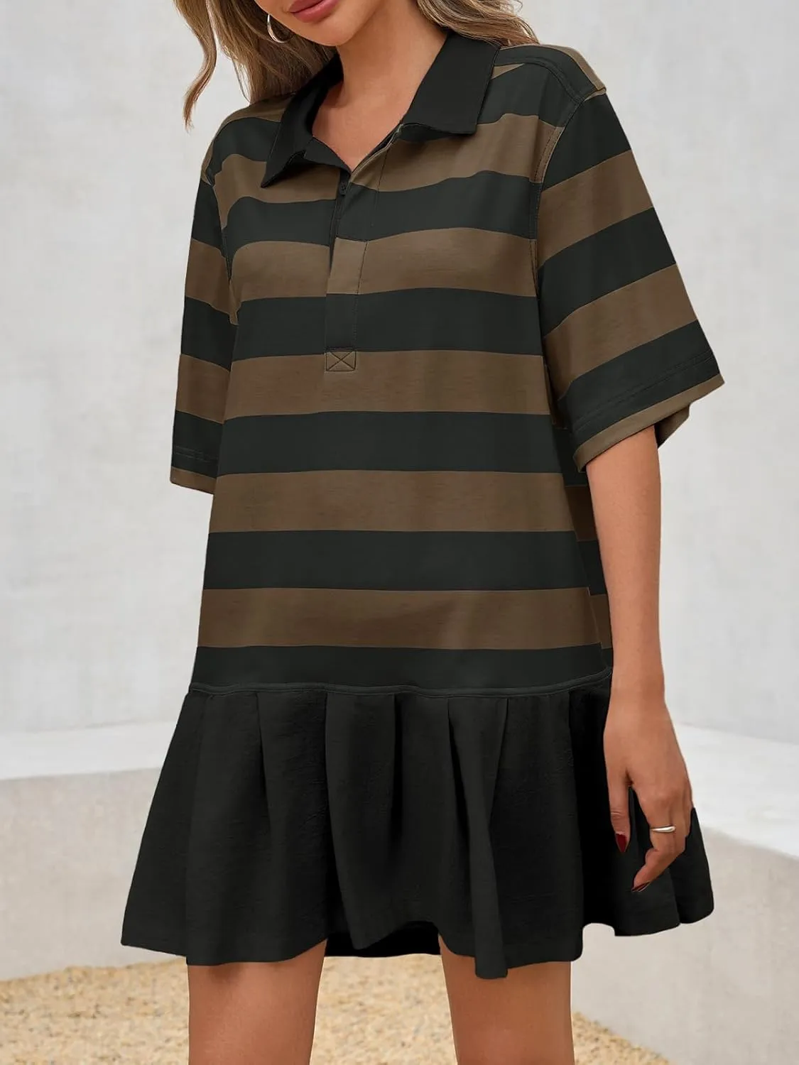 Wenrine Womens Summer Striped Mini Polo V Neck Patchwork Sweatshirt Dress Short Sleeve Loose T Shirt Dresses