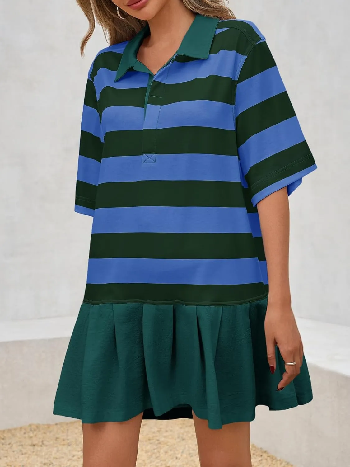 Wenrine Womens Summer Striped Mini Polo V Neck Patchwork Sweatshirt Dress Short Sleeve Loose T Shirt Dresses