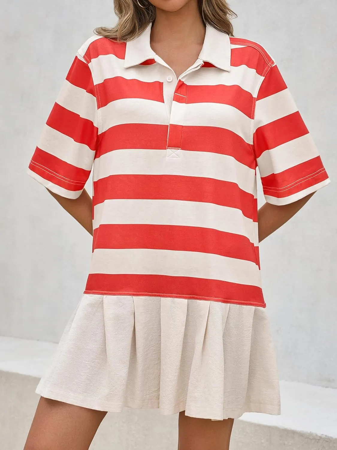 Wenrine Womens Summer Striped Mini Polo V Neck Patchwork Sweatshirt Dress Short Sleeve Loose T Shirt Dresses