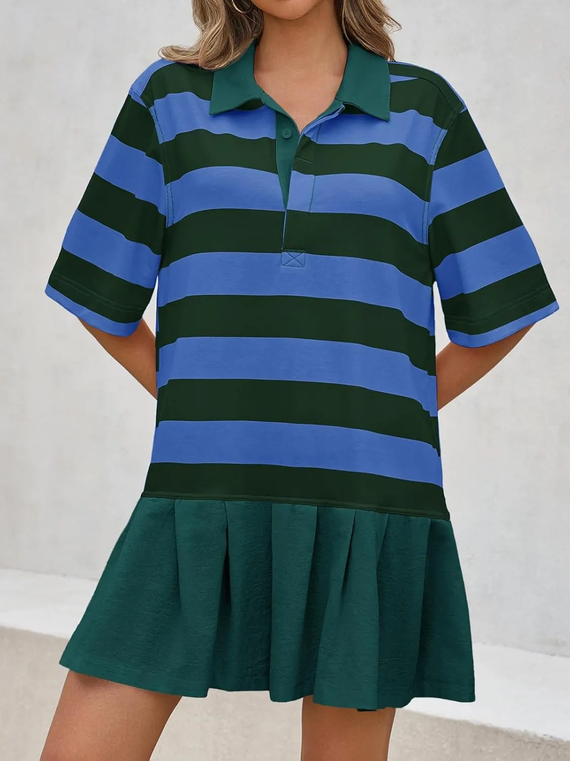 Wenrine Womens Summer Striped Mini Polo V Neck Patchwork Sweatshirt Dress Short Sleeve Loose T Shirt Dresses