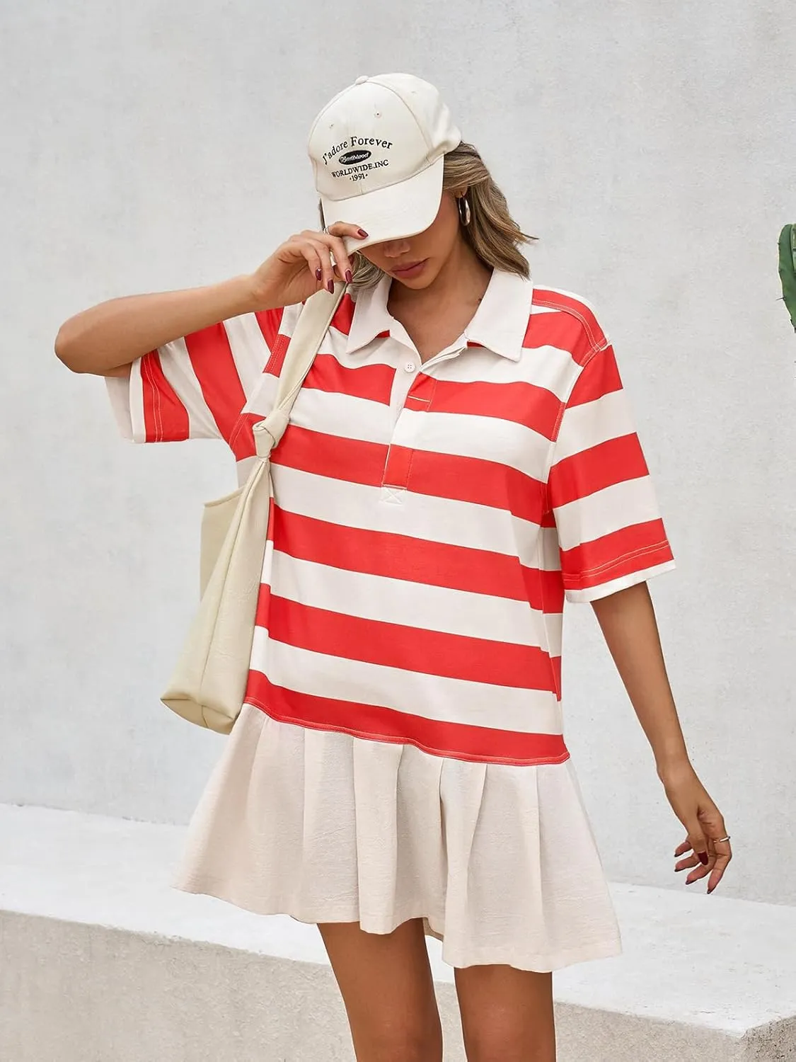 Wenrine Womens Summer Striped Mini Polo V Neck Patchwork Sweatshirt Dress Short Sleeve Loose T Shirt Dresses