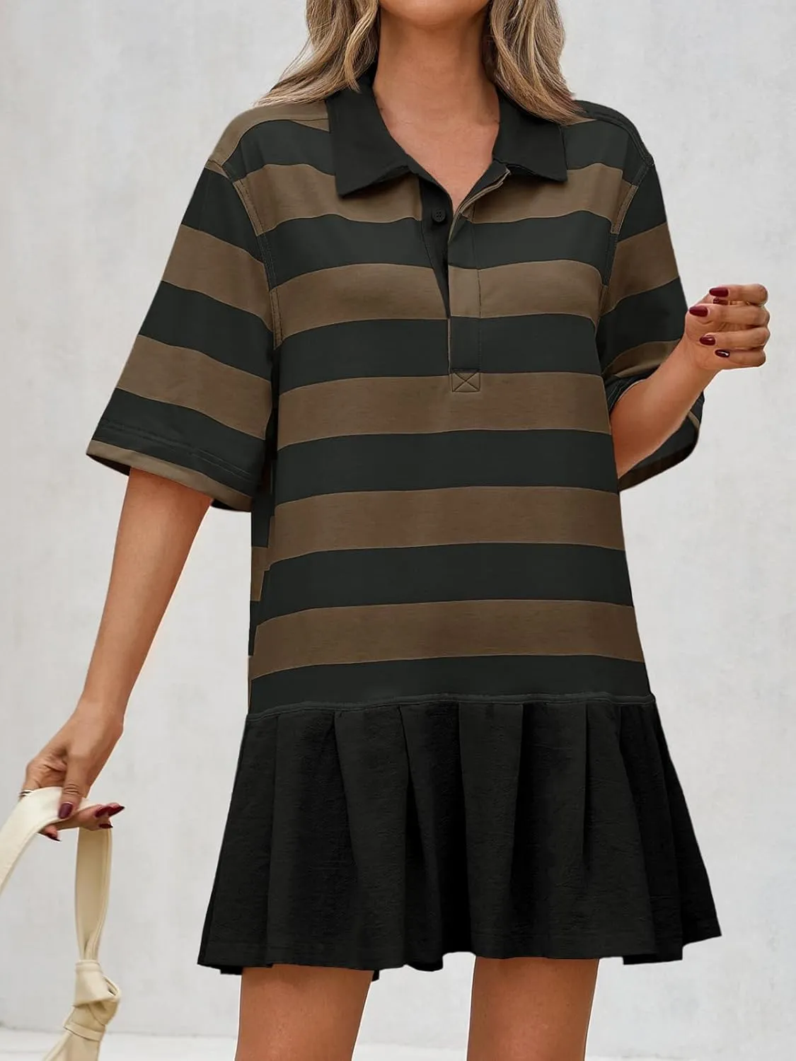 Wenrine Womens Summer Striped Mini Polo V Neck Patchwork Sweatshirt Dress Short Sleeve Loose T Shirt Dresses