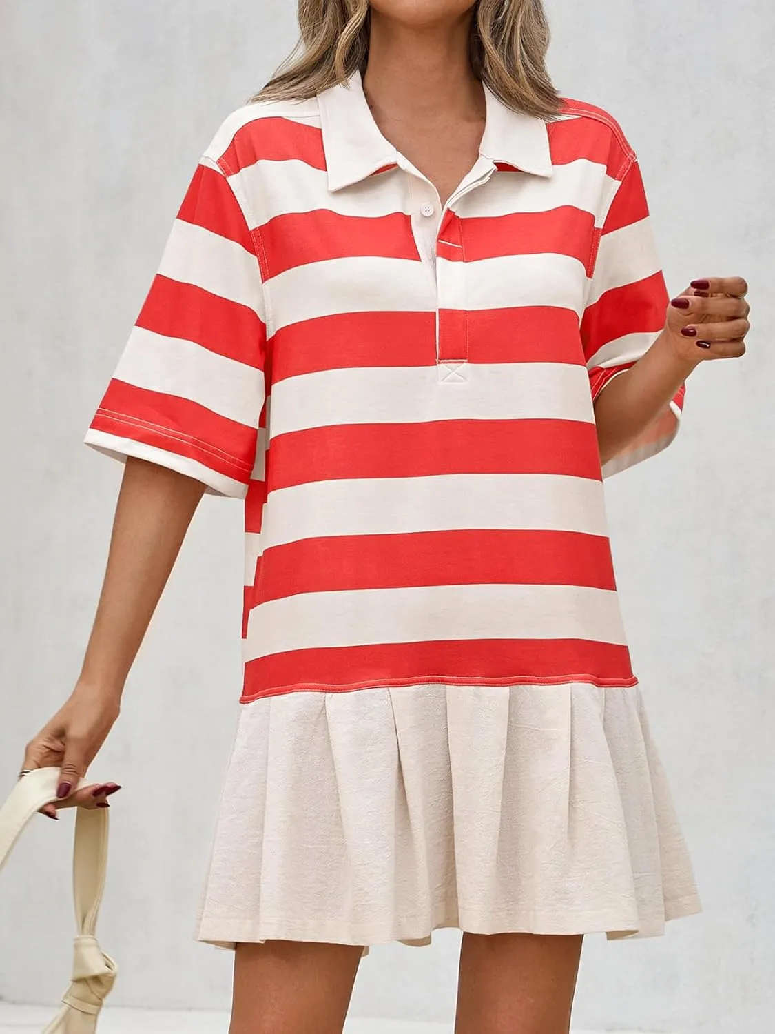 Wenrine Womens Summer Striped Mini Polo V Neck Patchwork Sweatshirt Dress Short Sleeve Loose T Shirt Dresses
