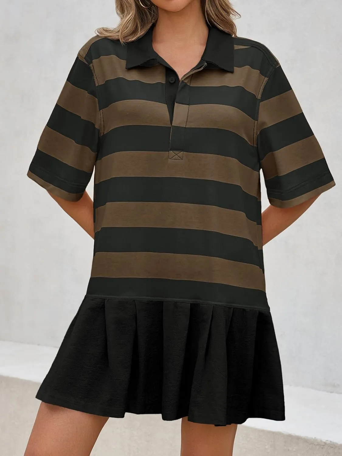 Wenrine Womens Summer Striped Mini Polo V Neck Patchwork Sweatshirt Dress Short Sleeve Loose T Shirt Dresses