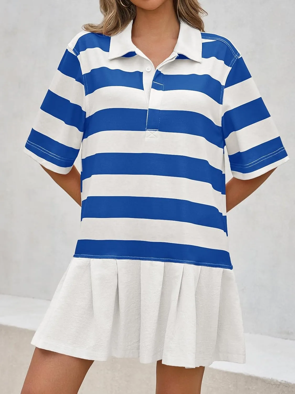 Wenrine Womens Summer Striped Mini Polo V Neck Patchwork Sweatshirt Dress Short Sleeve Loose T Shirt Dresses