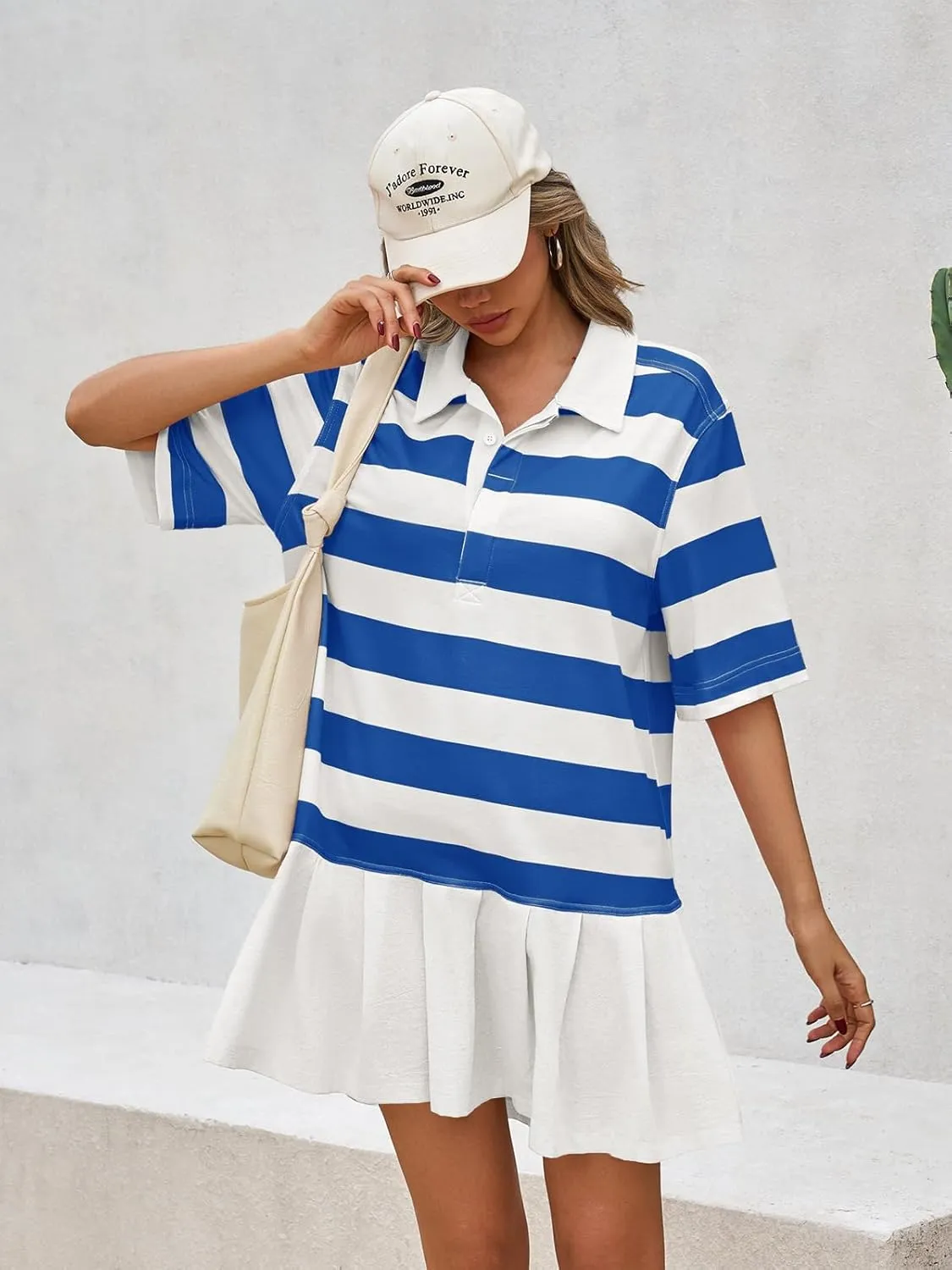 Wenrine Womens Summer Striped Mini Polo V Neck Patchwork Sweatshirt Dress Short Sleeve Loose T Shirt Dresses