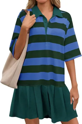Wenrine Womens Summer Striped Mini Polo V Neck Patchwork Sweatshirt Dress Short Sleeve Loose T Shirt Dresses