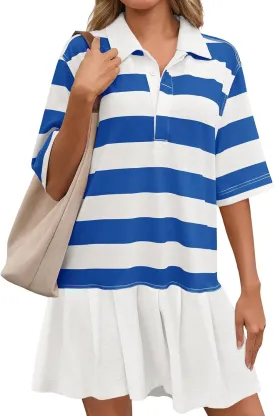 Wenrine Womens Summer Striped Mini Polo V Neck Patchwork Sweatshirt Dress Short Sleeve Loose T Shirt Dresses