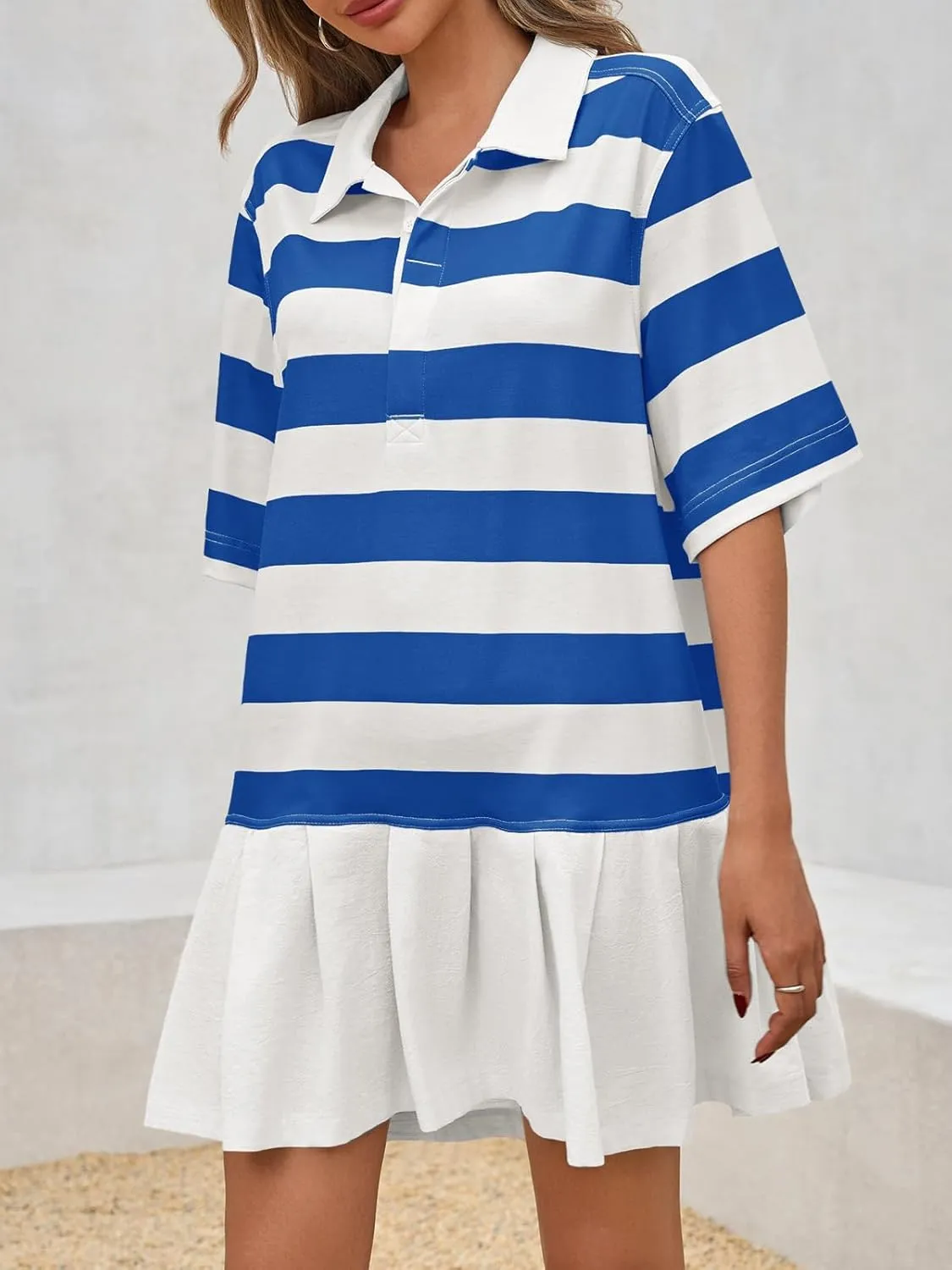 Wenrine Womens Summer Striped Mini Polo V Neck Patchwork Sweatshirt Dress Short Sleeve Loose T Shirt Dresses