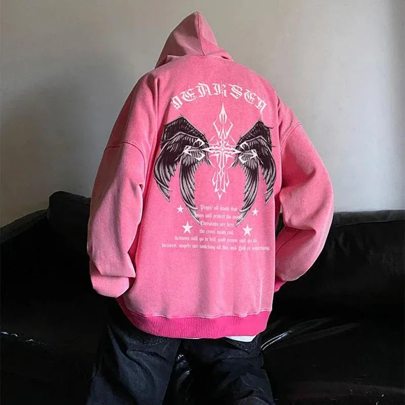 Wiaofellas  - Gothic Wing Graphic Printed Hoodie Oversized Baggy Men Hooded Sweatshirt Hip Hop Streetwear New Male Hoodies