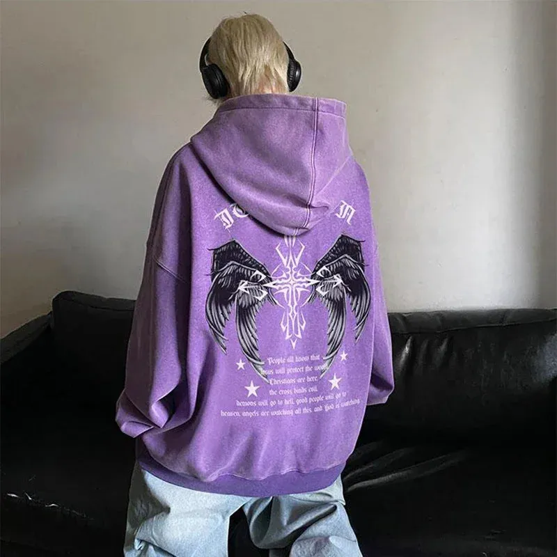 Wiaofellas  - Gothic Wing Graphic Printed Hoodie Oversized Baggy Men Hooded Sweatshirt Hip Hop Streetwear New Male Hoodies